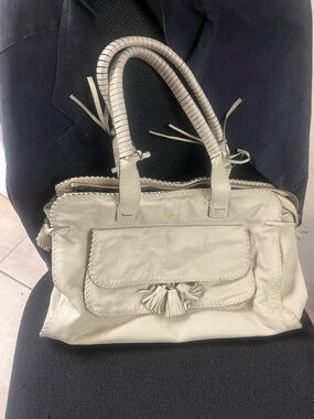 ANTONIO MELANI Cream Leather Shoulder Tote with Front Tassel Pocket
